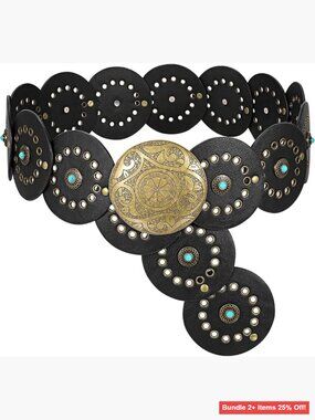Western PU Leather Belt Concho Buckle Adjustable Wide Waist Disc